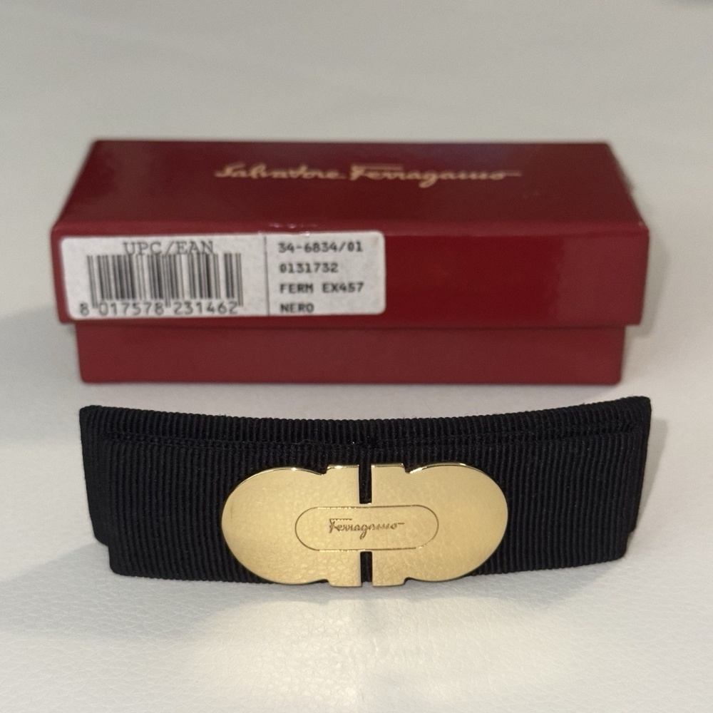Salvatore Ferragamo Ribbon Barrette Gancini Hair Clip NERO BLACK & GOLD EX457